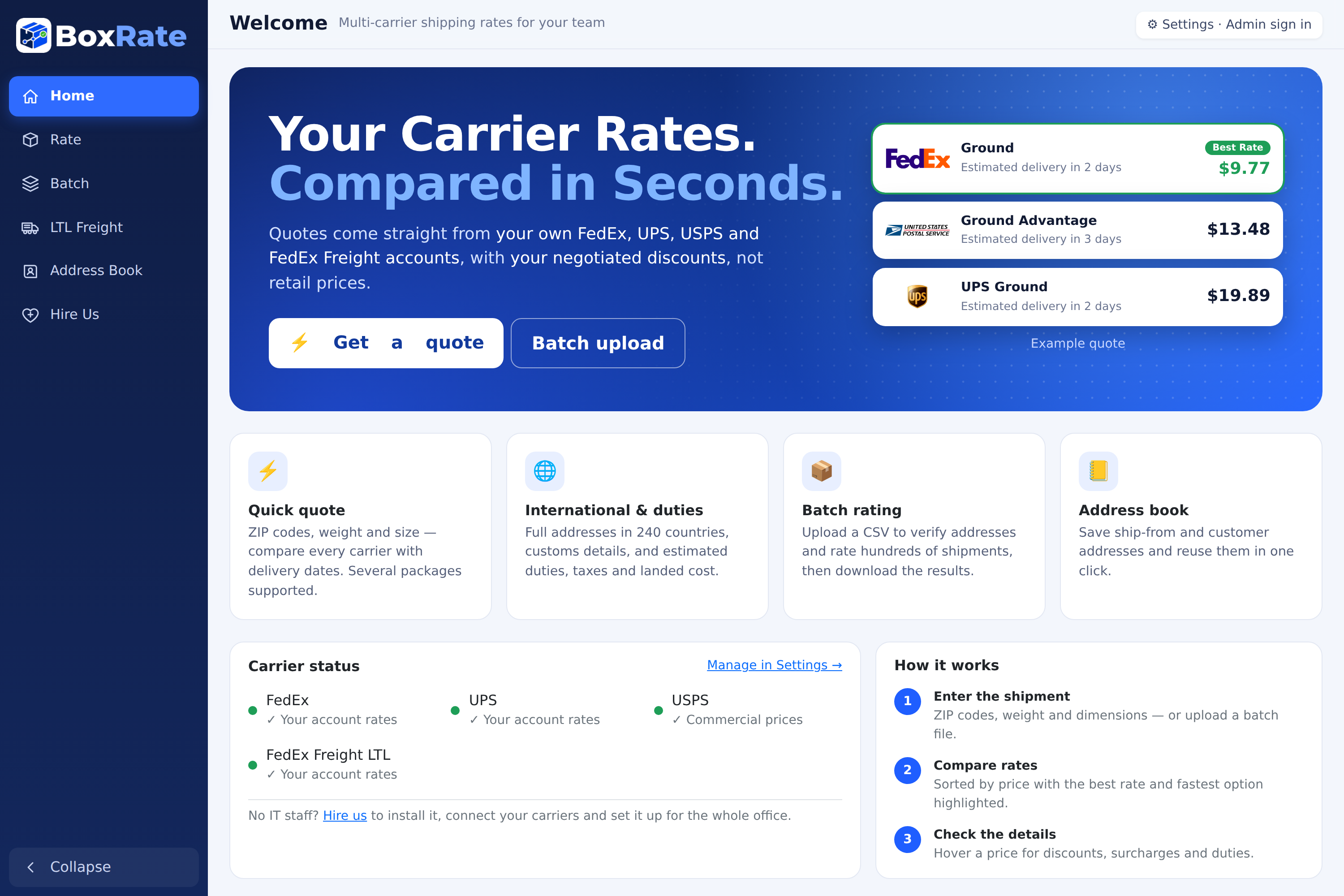 BOXRATE application dashboard with example FedEx, UPS and USPS rates, batch tools and address book