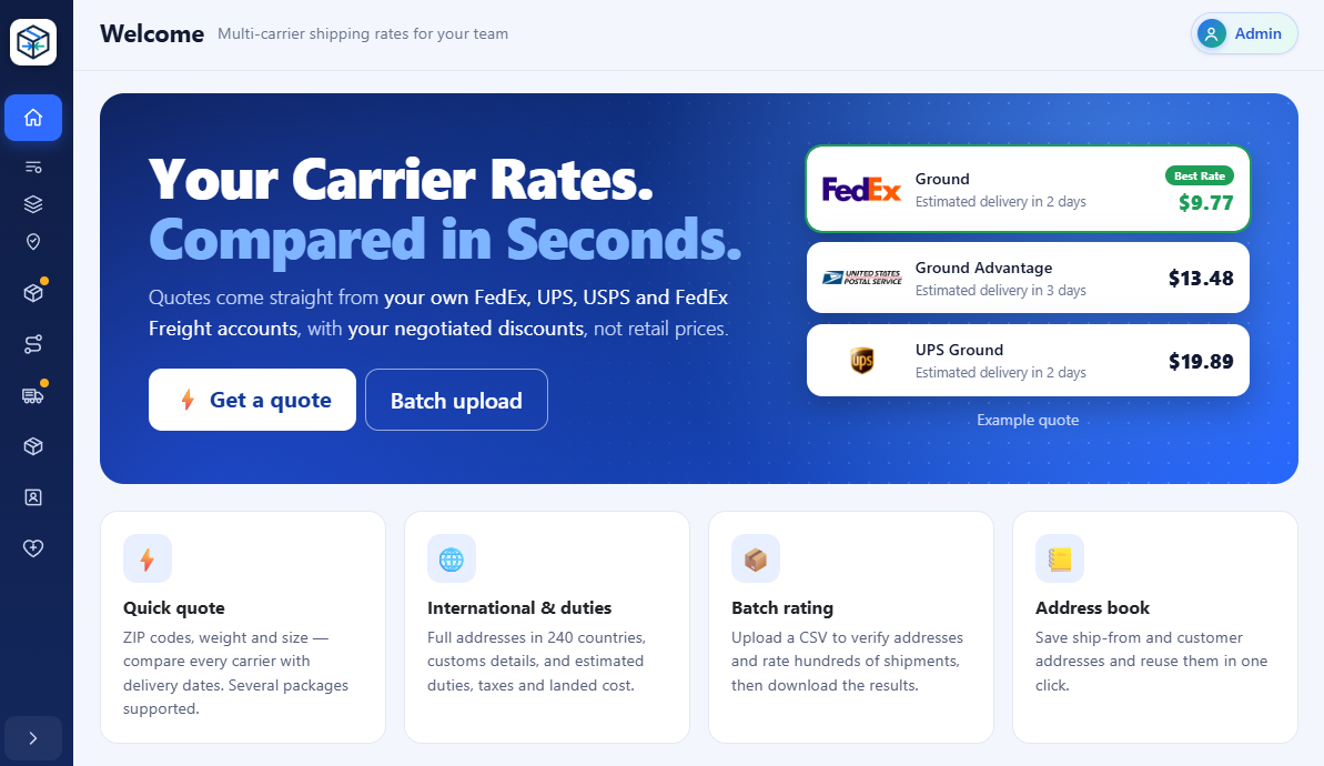 BOXRATE application dashboard with example FedEx, UPS and USPS rates, batch tools and address book
